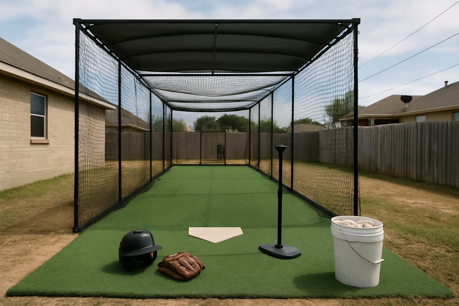 Batting cage with turf, netting, tee, helmet, glove, and bucket of baseballs arranged safely.
