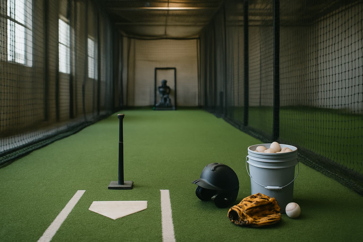 Indoor batting cage with a tee, helmet, glove, and bucket of baseballs arranged safely.