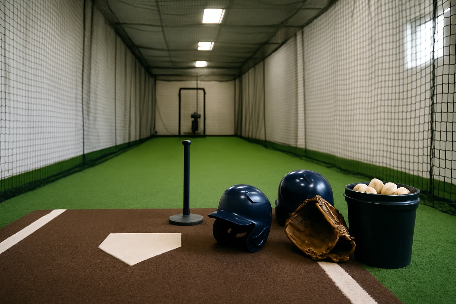 Indoor batting cage with turf, netting, tee, helmet, glove, and bucket of baseballs arranged safely.