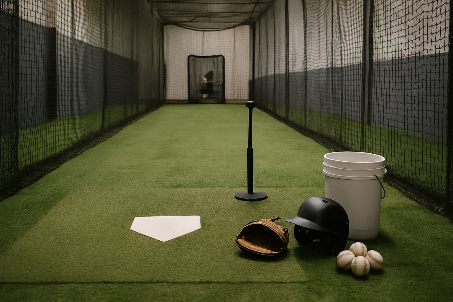 Indoor batting cage with turf, netting, tee, helmet, glove, and bucket of baseballs.