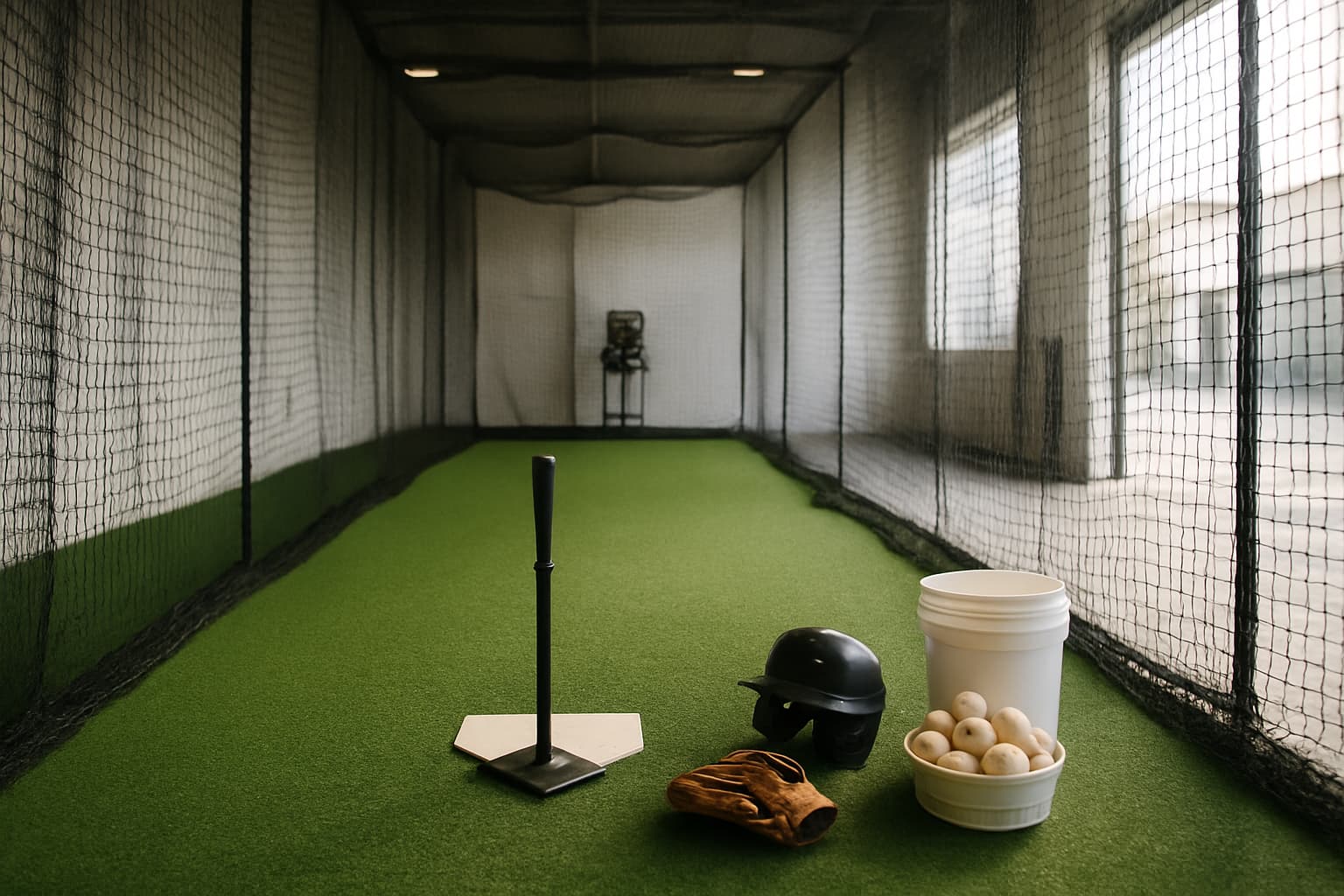 Indoor batting cage with turf, netting, tee, helmet, glove, and bucket of baseballs.
