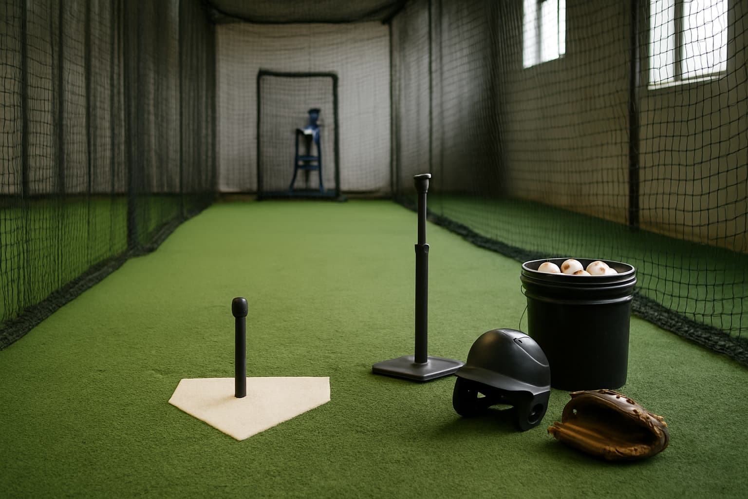Indoor batting cage with a tee, helmet, glove, and bucket of baseballs arranged safely.