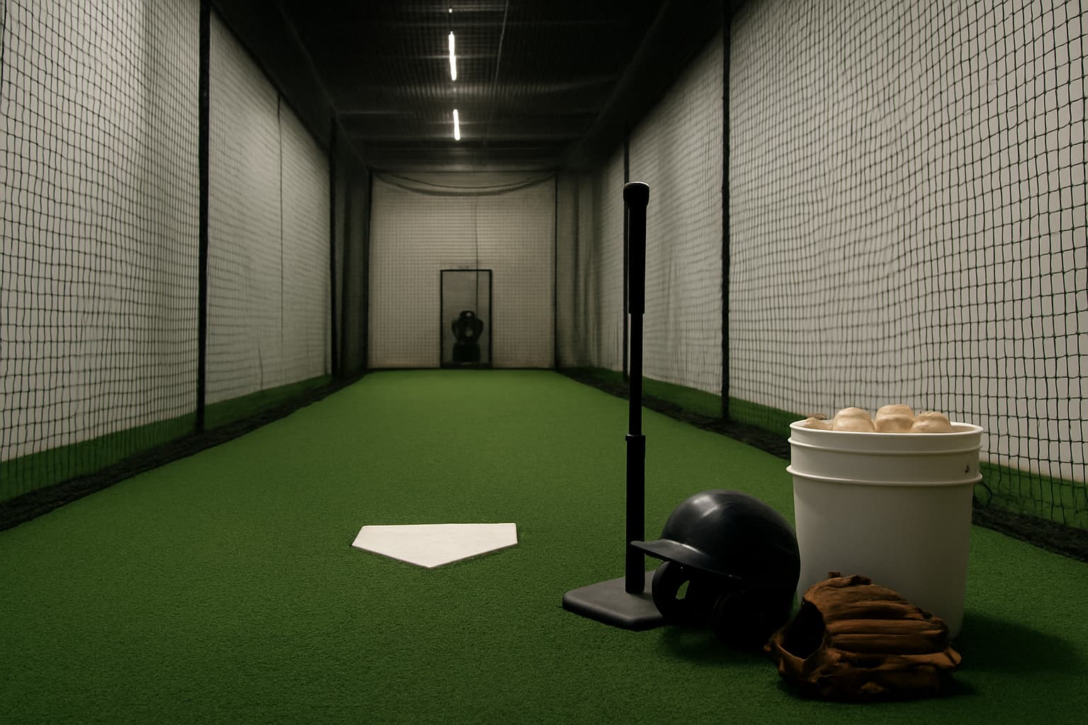Indoor batting cage with turf, netting, a tee, helmet, glove, and bucket of baseballs.
