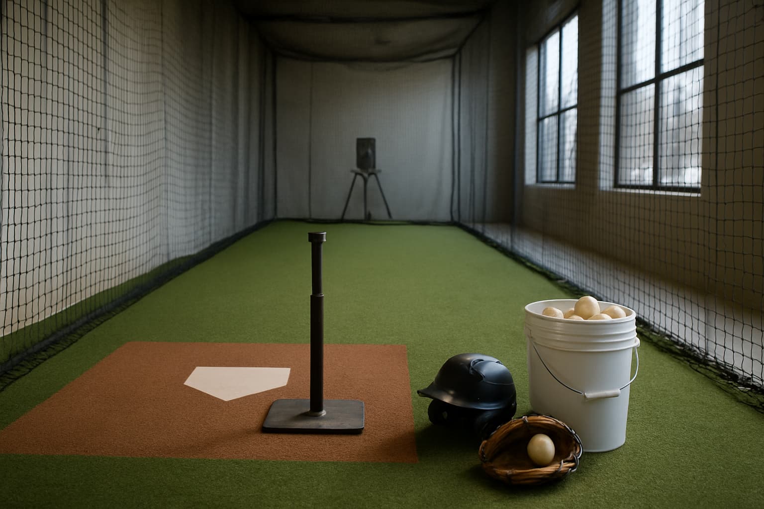 Indoor batting cage with a tee, helmet, glove, and bucket of baseballs arranged safely.