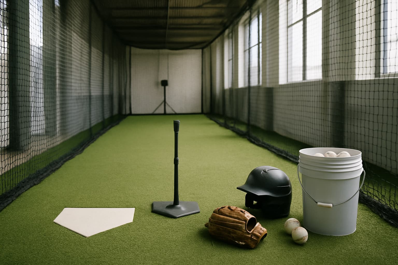 Indoor batting cage with turf, netting, a tee, helmet, glove, and bucket of baseballs arranged safely.