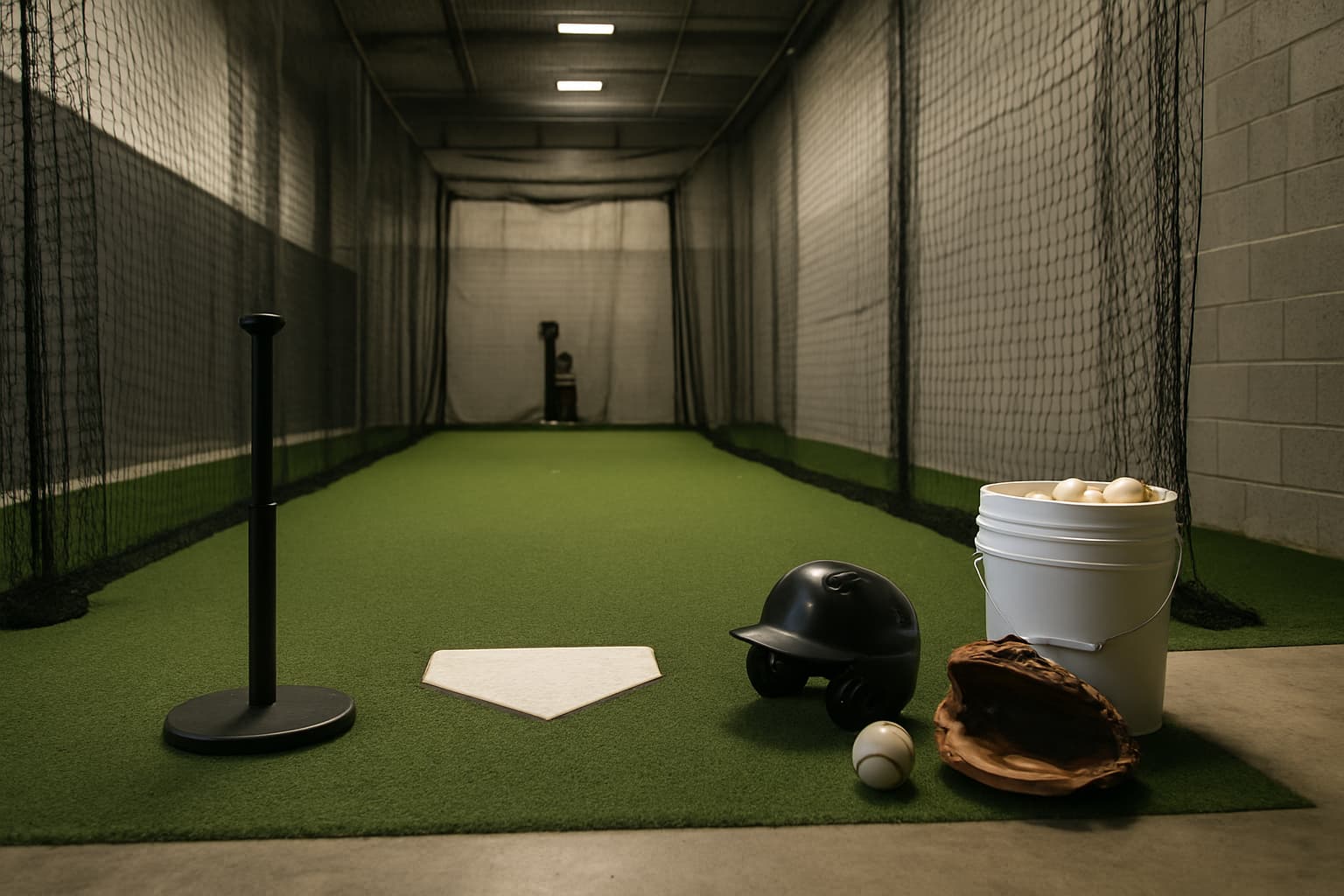 Indoor batting cage with turf, netting, tee, helmet, glove, and bucket of baseballs.