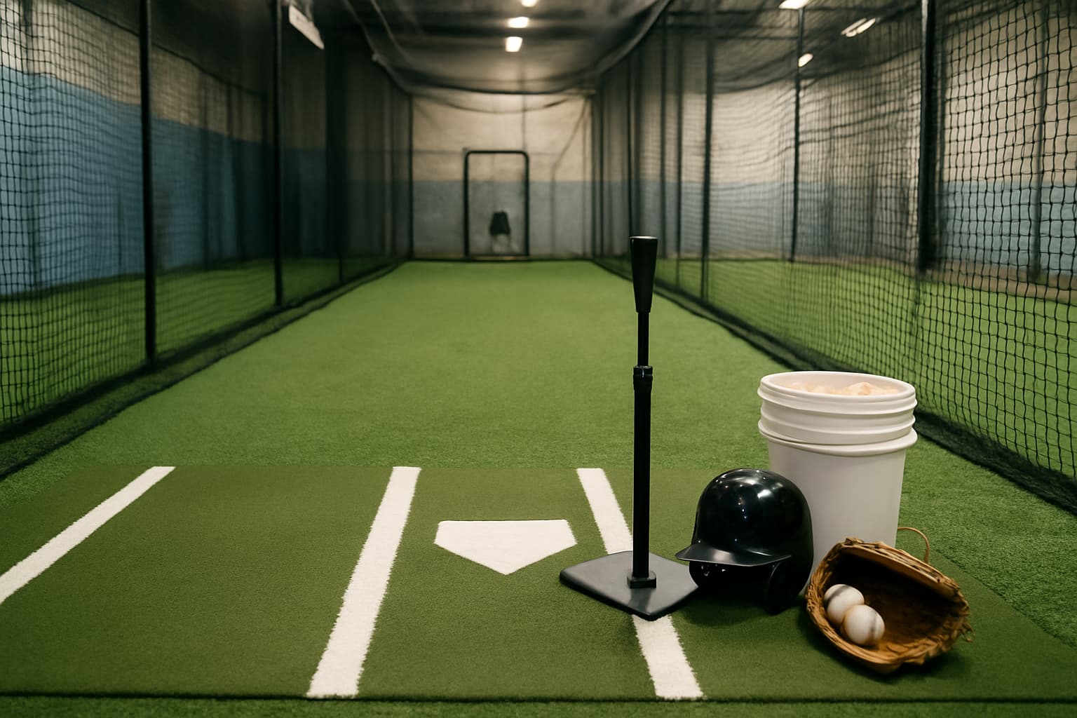 Indoor batting cage with turf, netting, a tee, helmet, glove, and bucket of baseballs.