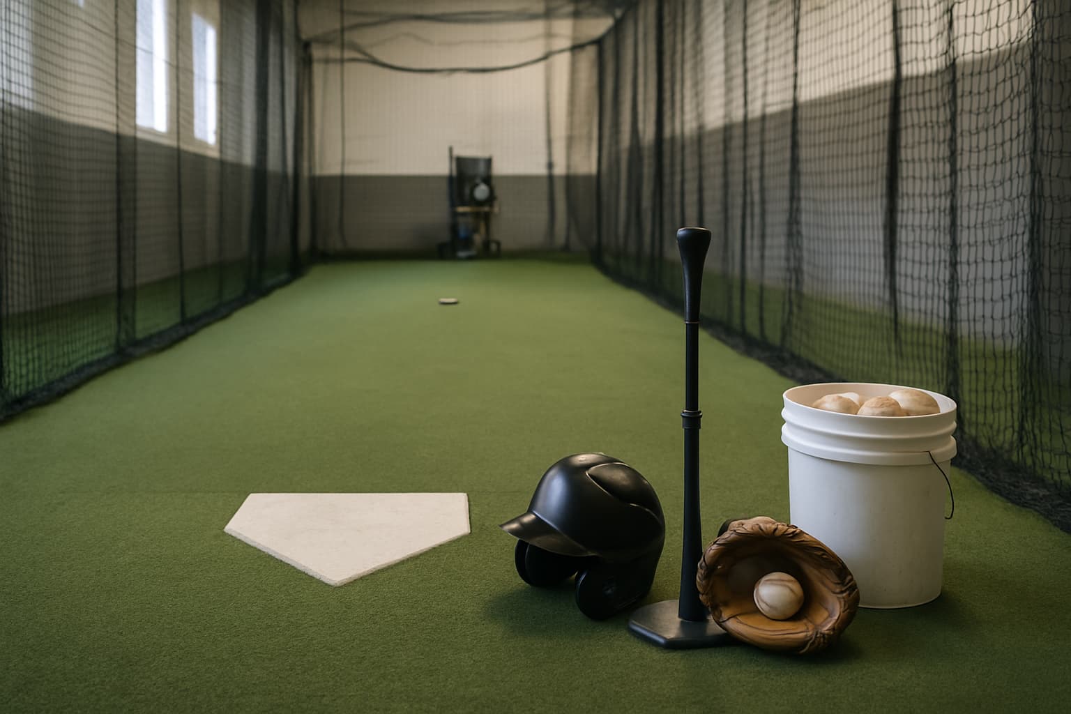 Indoor batting cage with turf, netting, helmet, glove, tee, and bucket of baseballs.
