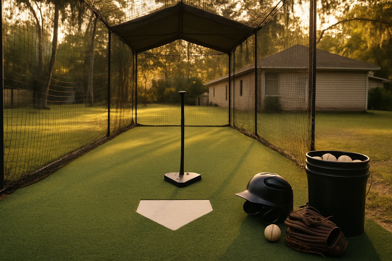 Batting cage with a tee, helmet, glove, and bucket of baseballs in a safe, well-lit setting.