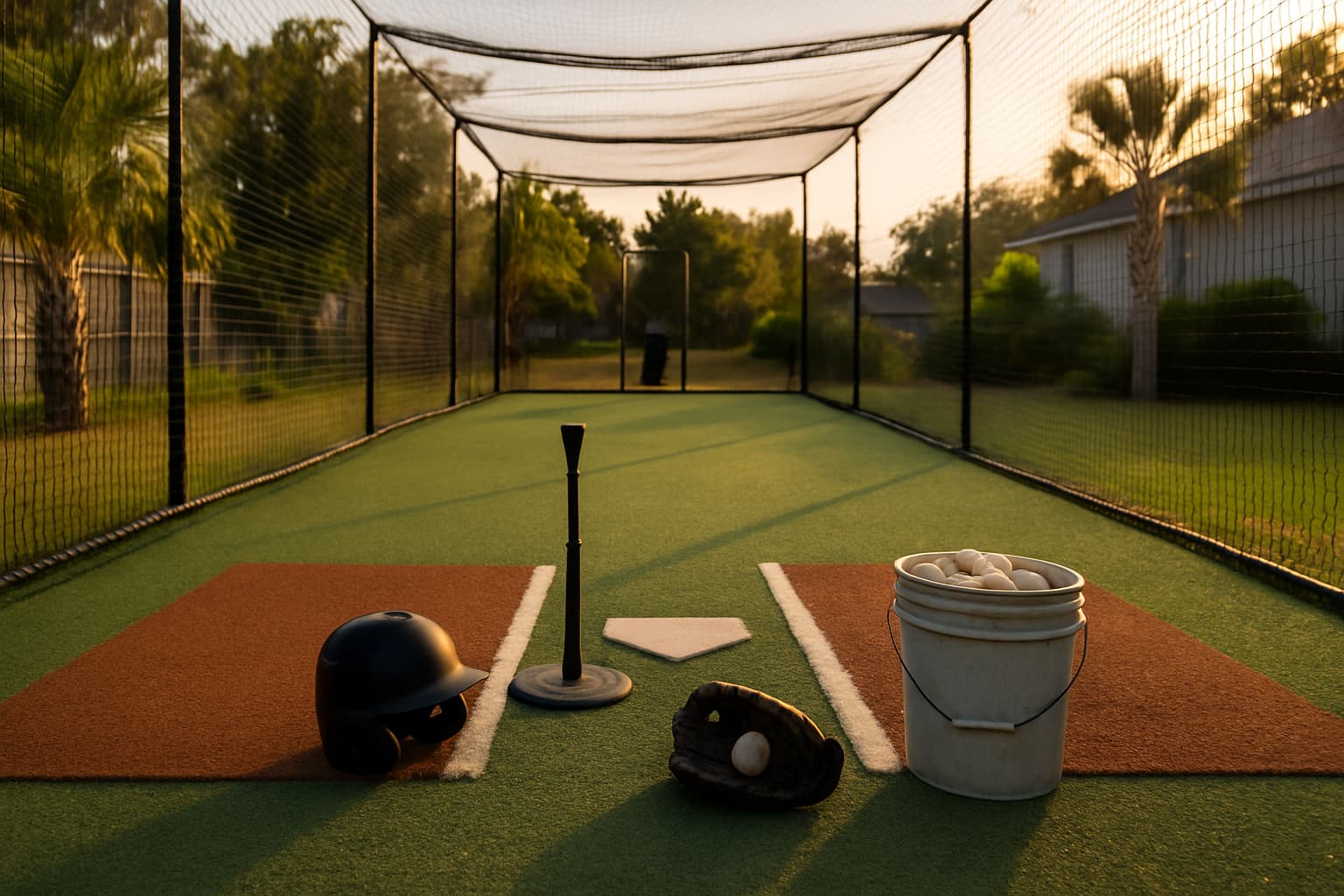 Batting cage with a tee, helmet, glove, and bucket of baseballs at sunset.