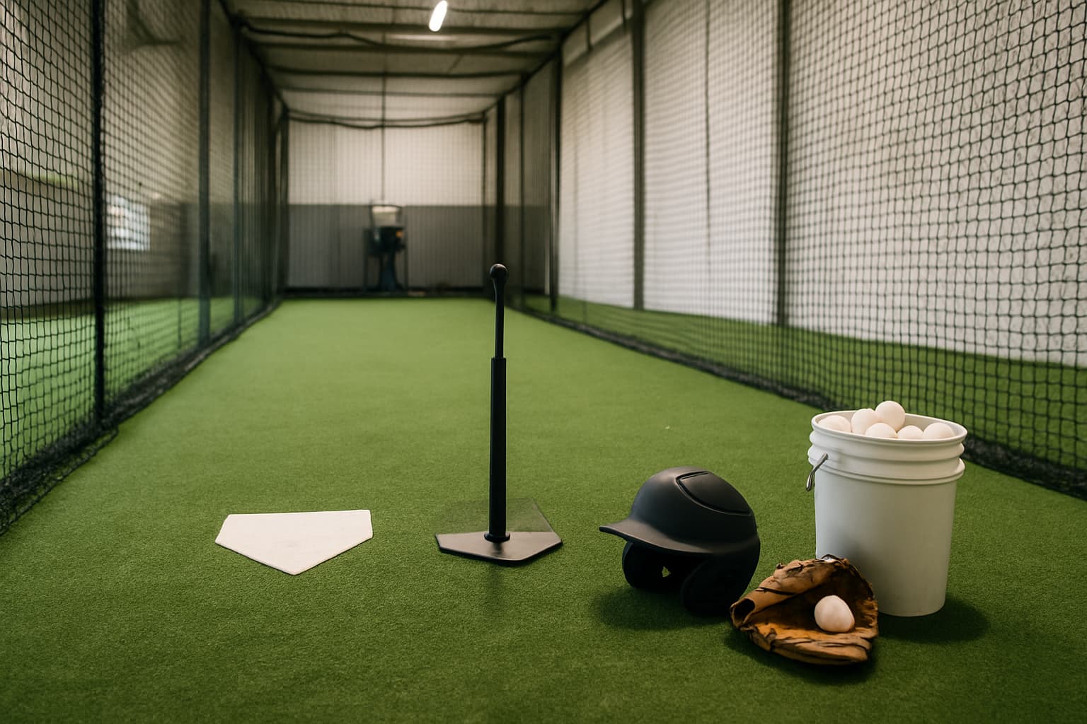 Indoor batting cage with turf, netting, tee, helmet, glove, and bucket of baseballs.