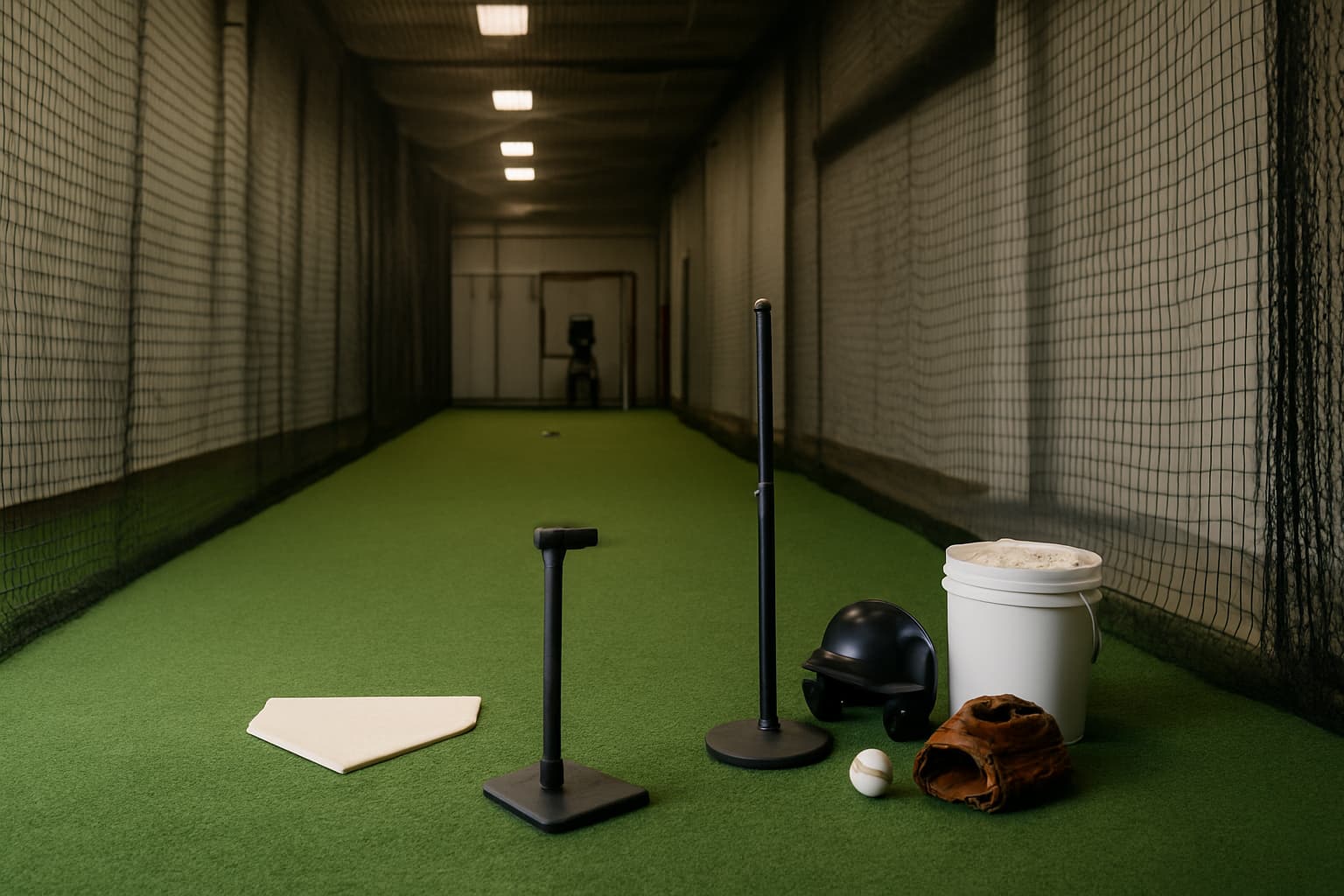 Indoor batting cage with turf, netting, tee, helmet, glove, and bucket of baseballs.