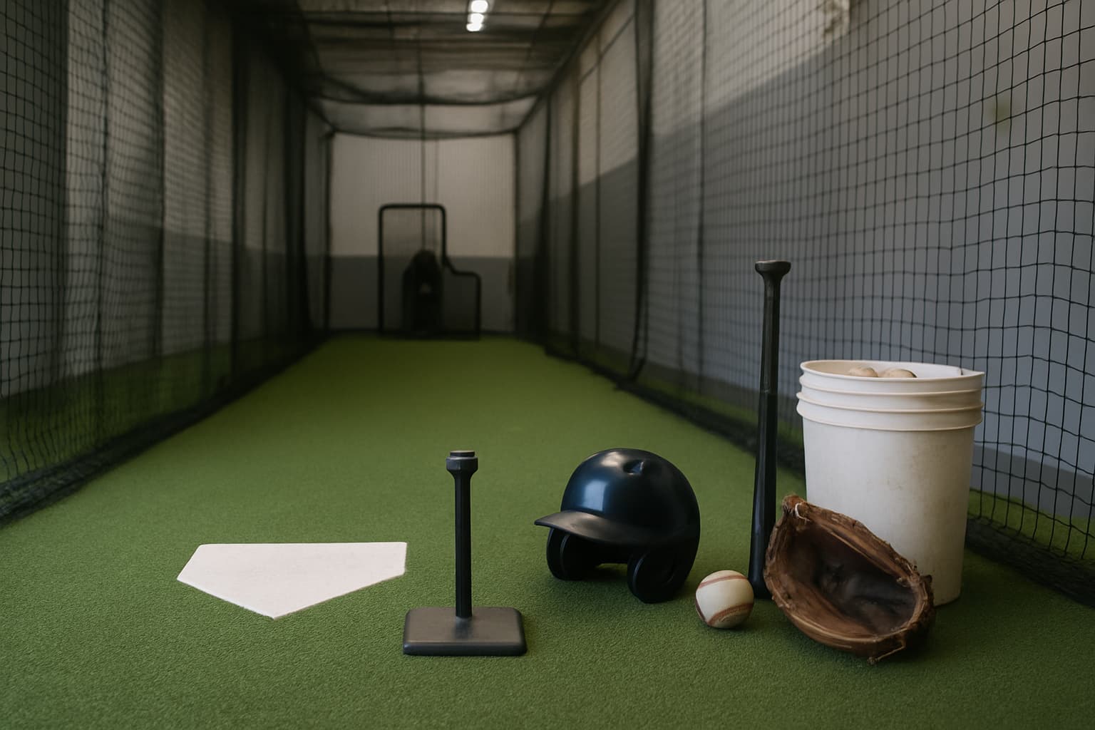 Indoor batting cage with turf, netting, tee, helmet, glove, and bucket of baseballs.