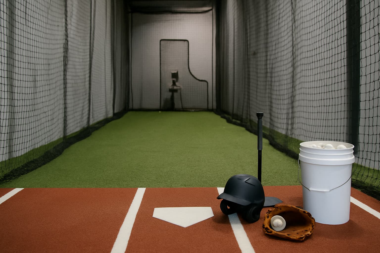 Indoor batting cage with turf, netting, helmet, glove, and bucket of baseballs arranged safely.