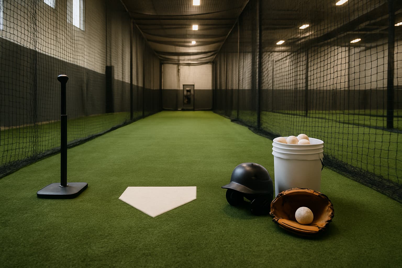 Indoor batting cage with turf, netting, a tee, helmet, glove, and bucket of baseballs arranged safely.
