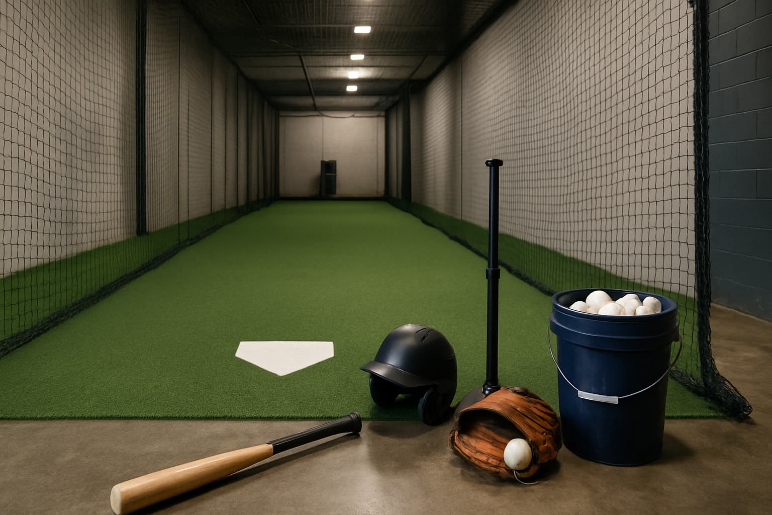 Indoor batting cage with turf, netting, helmet, glove, bat, and bucket of baseballs.