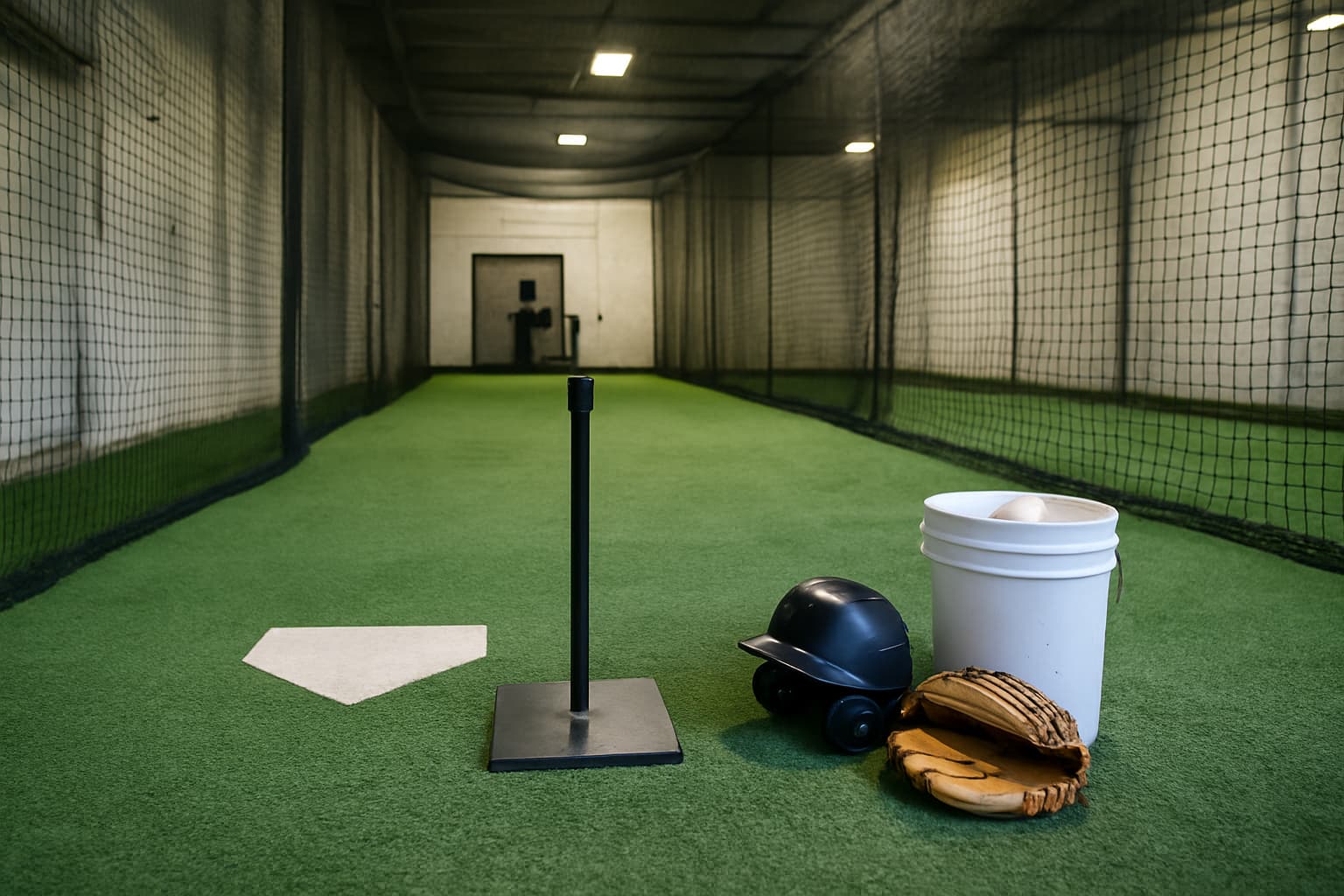 Indoor batting cage with a tee, helmet, glove, and bucket of baseballs arranged safely.