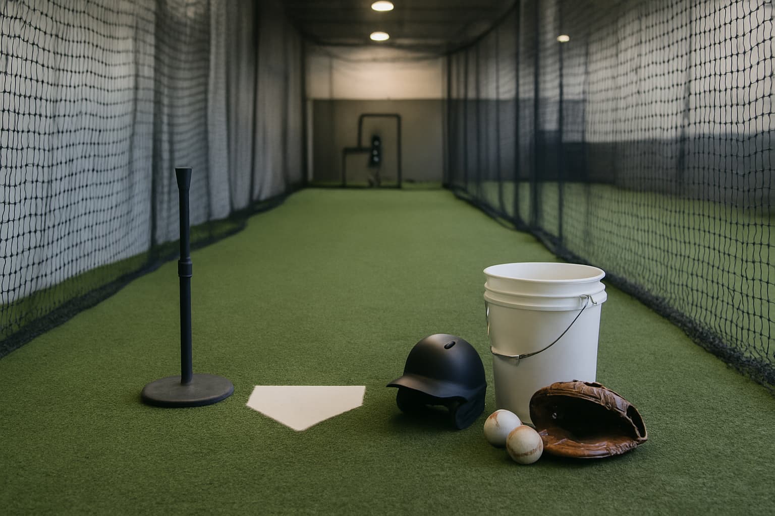 Indoor batting cage with a tee, helmet, glove, and bucket of baseballs arranged safely.