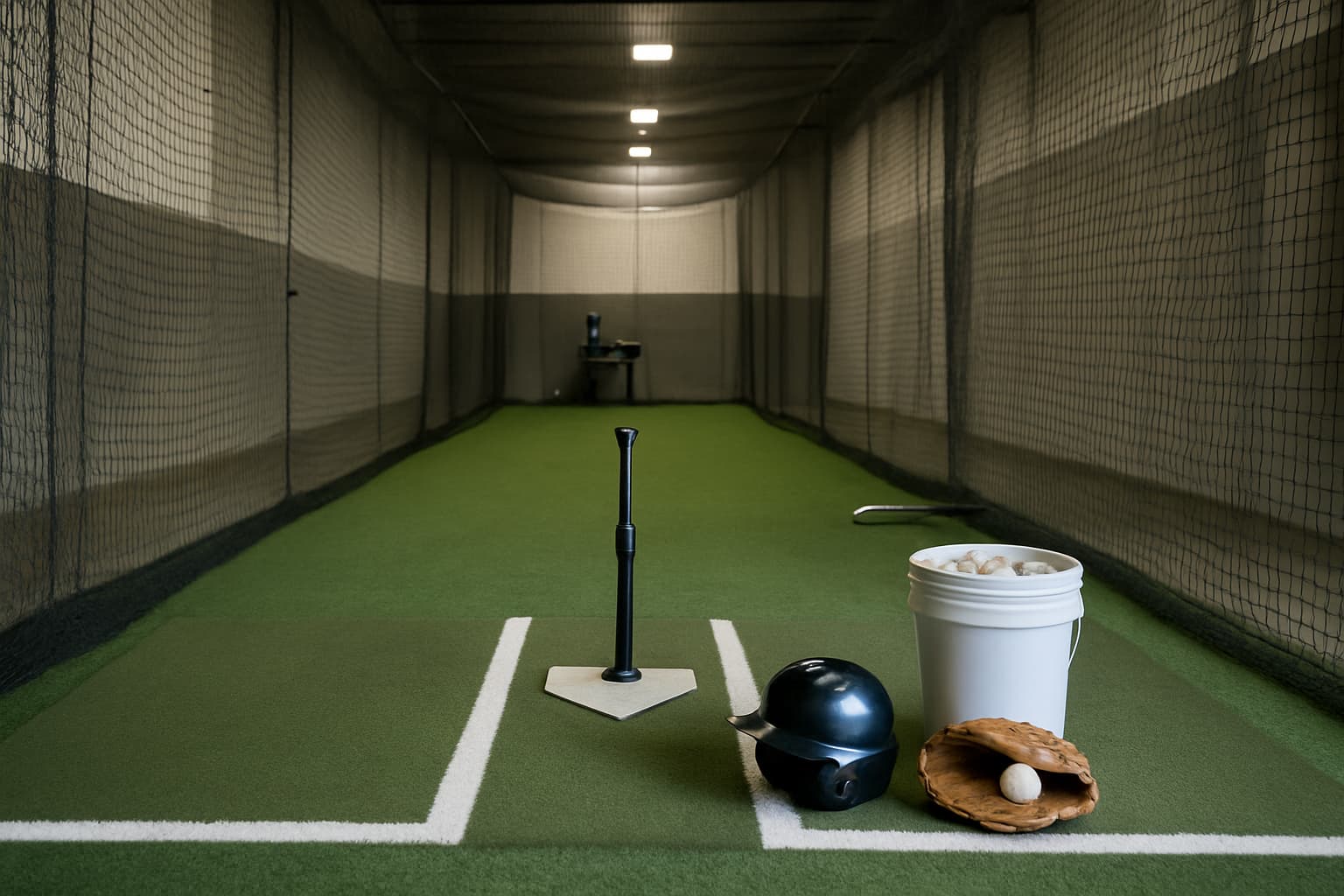 Indoor batting cage with a tee, helmet, glove, and bucket of baseballs arranged safely.