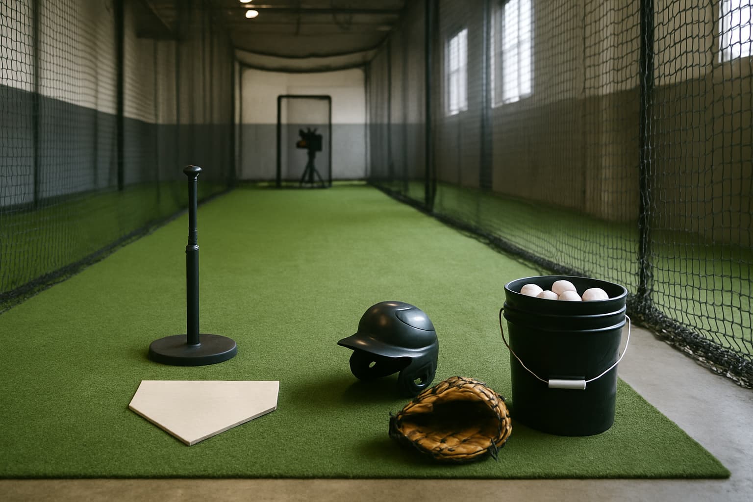 Indoor batting cage with a tee, helmet, glove, and bucket of baseballs arranged safely.
