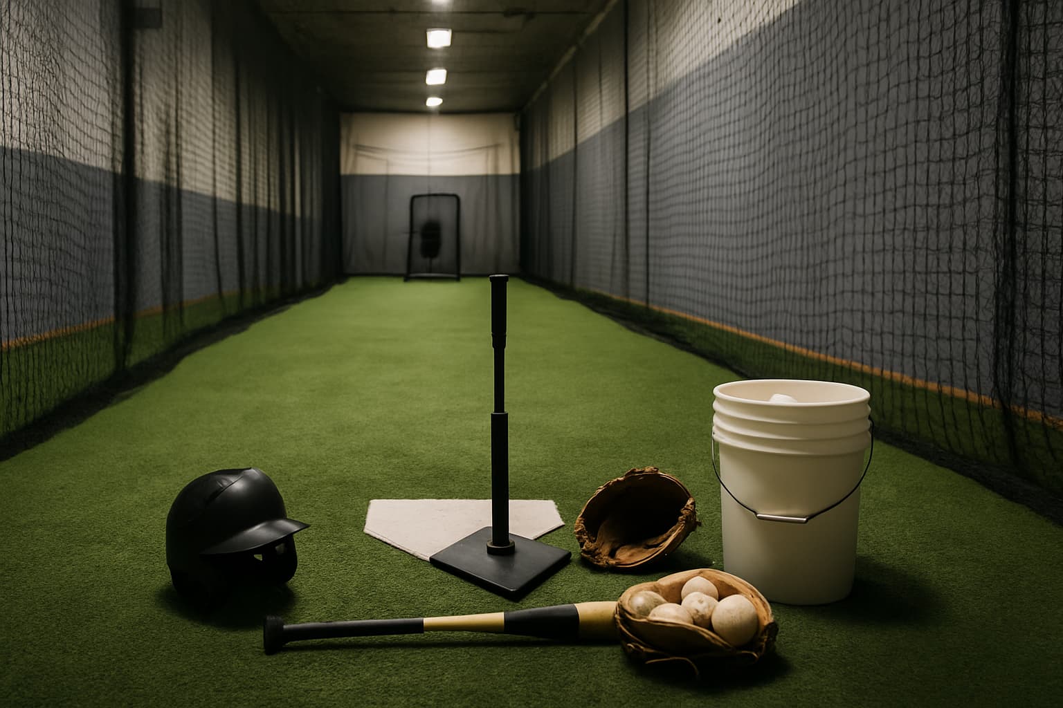Indoor batting cage with turf, netting, tee, helmet, glove, and bucket of baseballs arranged safely.
