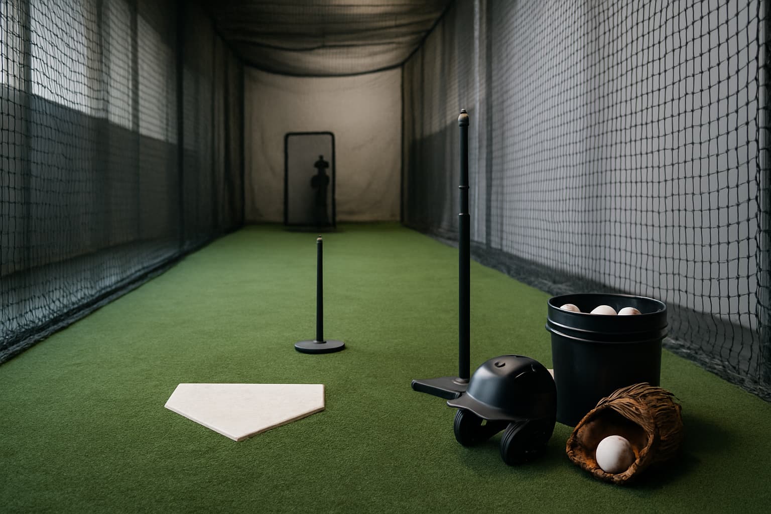 Indoor batting cage with turf, netting, tee, helmet, glove, and bucket of baseballs.