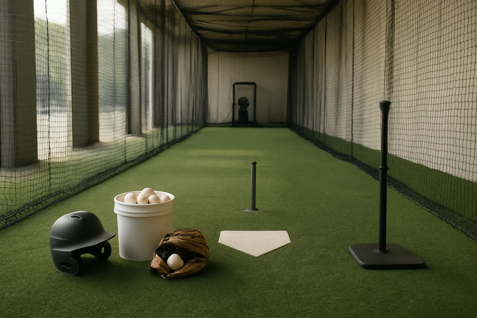 Indoor batting cage with turf, netting, helmet, glove, and bucket of baseballs arranged safely.