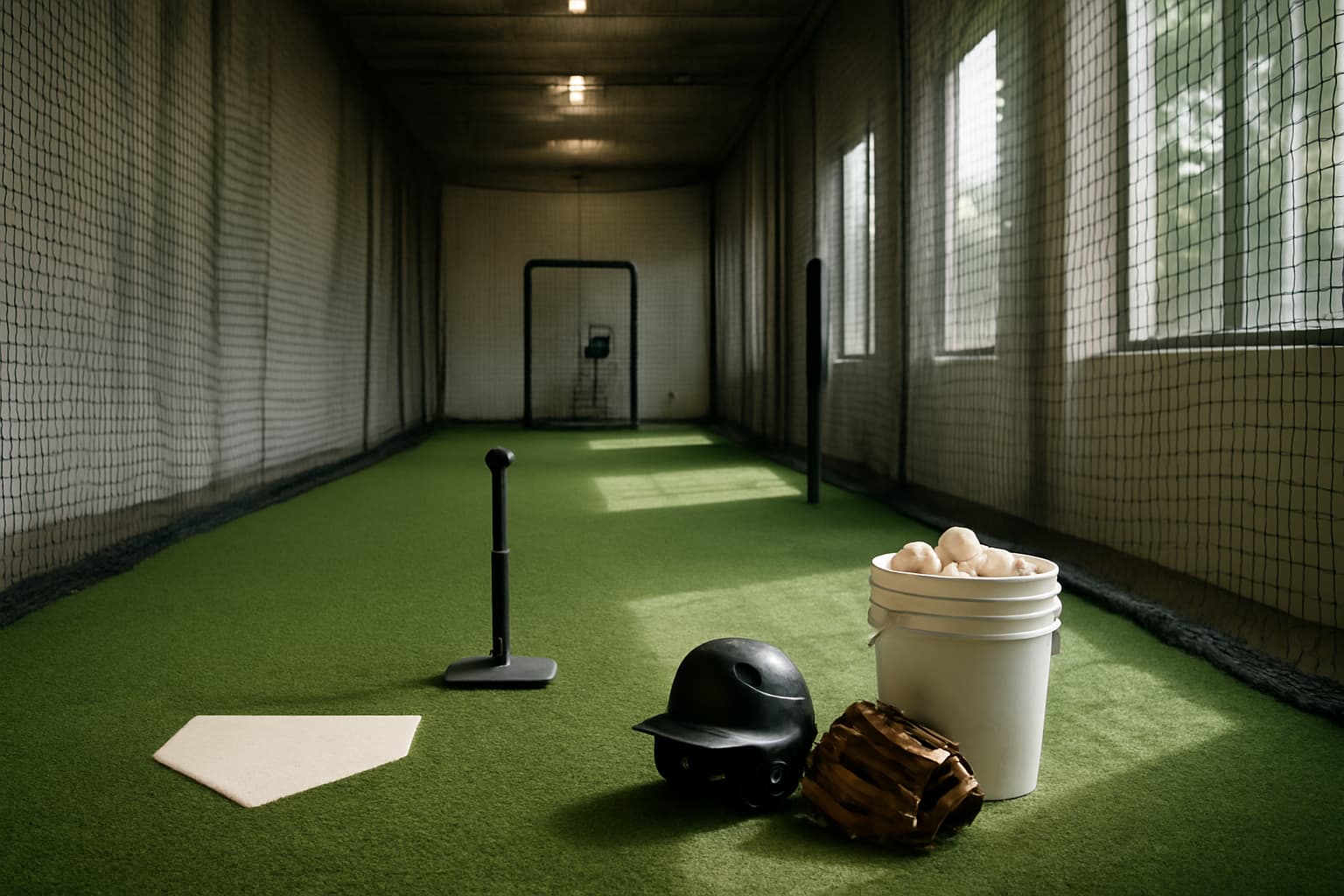 Indoor batting cage with turf, netting, tee, helmet, glove, and bucket of baseballs arranged safely.