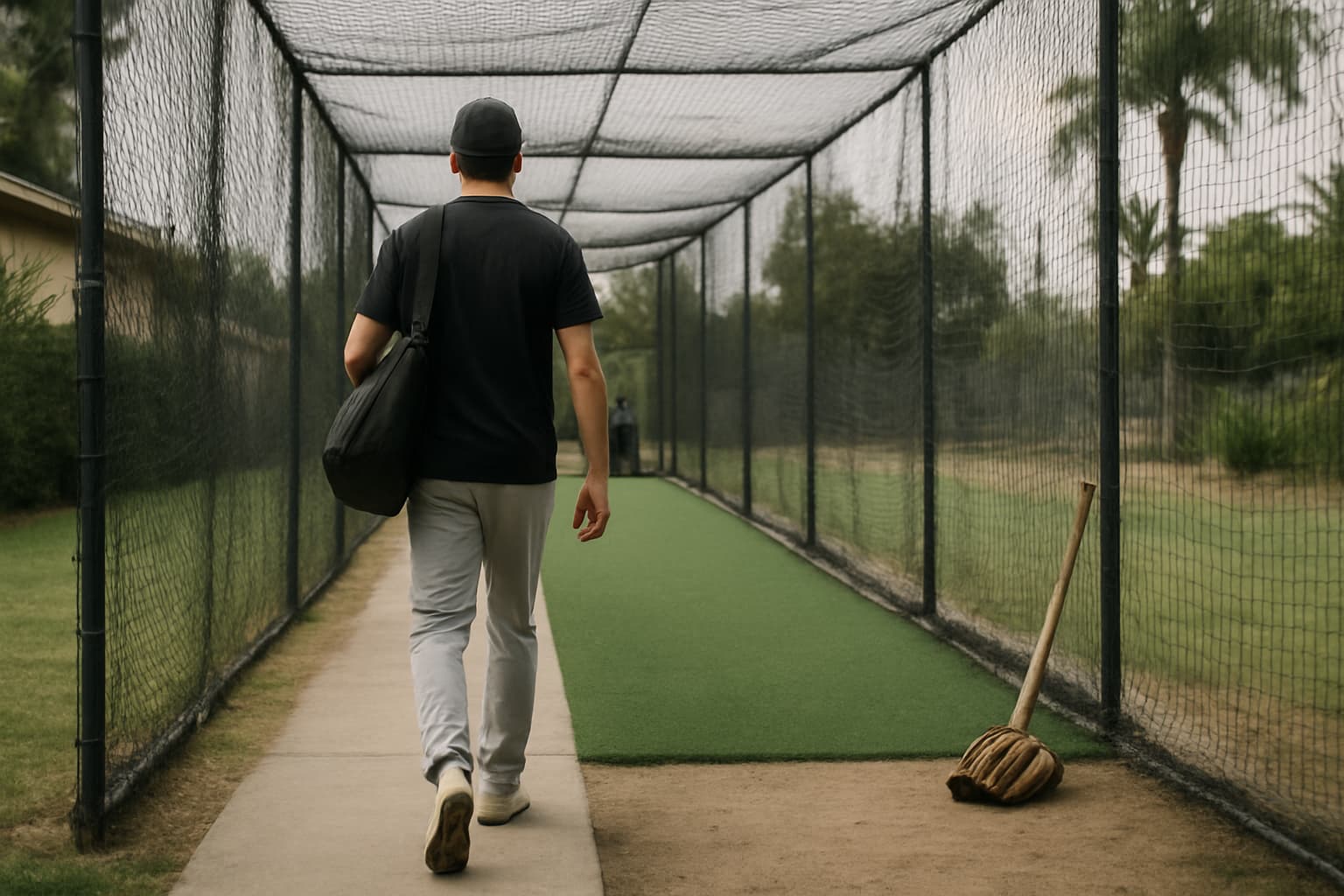 Indoor batting cage with turf, netting, and gear ready for a hitting session.