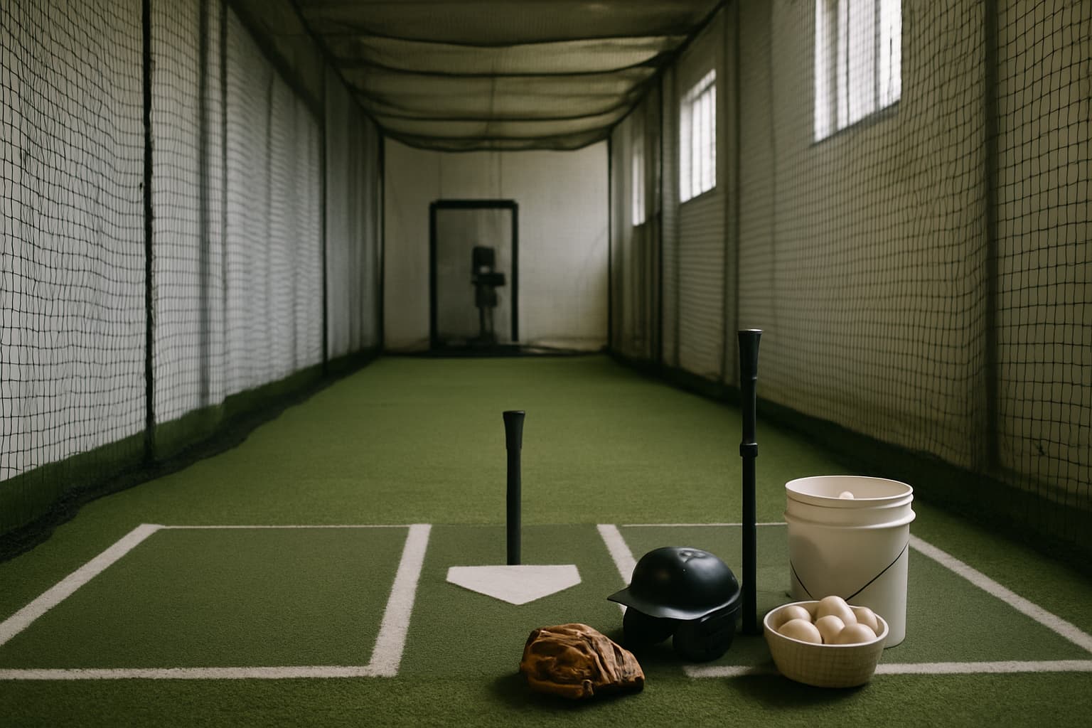 Indoor batting cage with turf, netting, tee, helmet, glove, and bucket of baseballs.