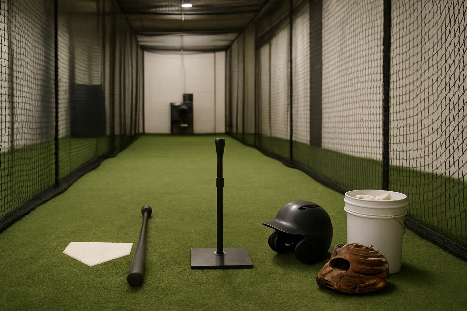 Indoor batting cage with turf, netting, tee, helmet, glove, and bucket of baseballs arranged safely.