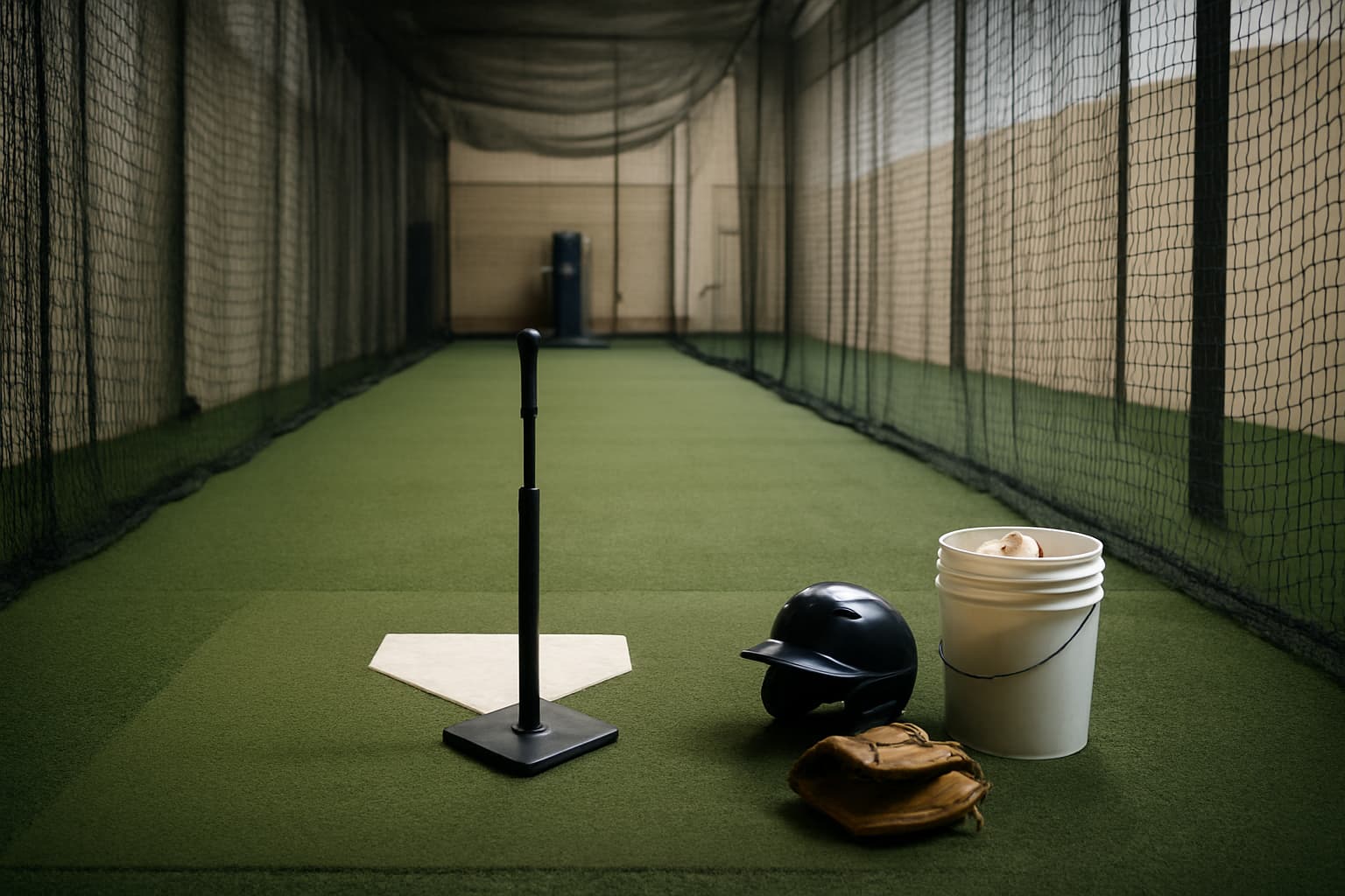 Indoor batting cage with a tee, helmet, glove, and bucket of baseballs arranged safely.