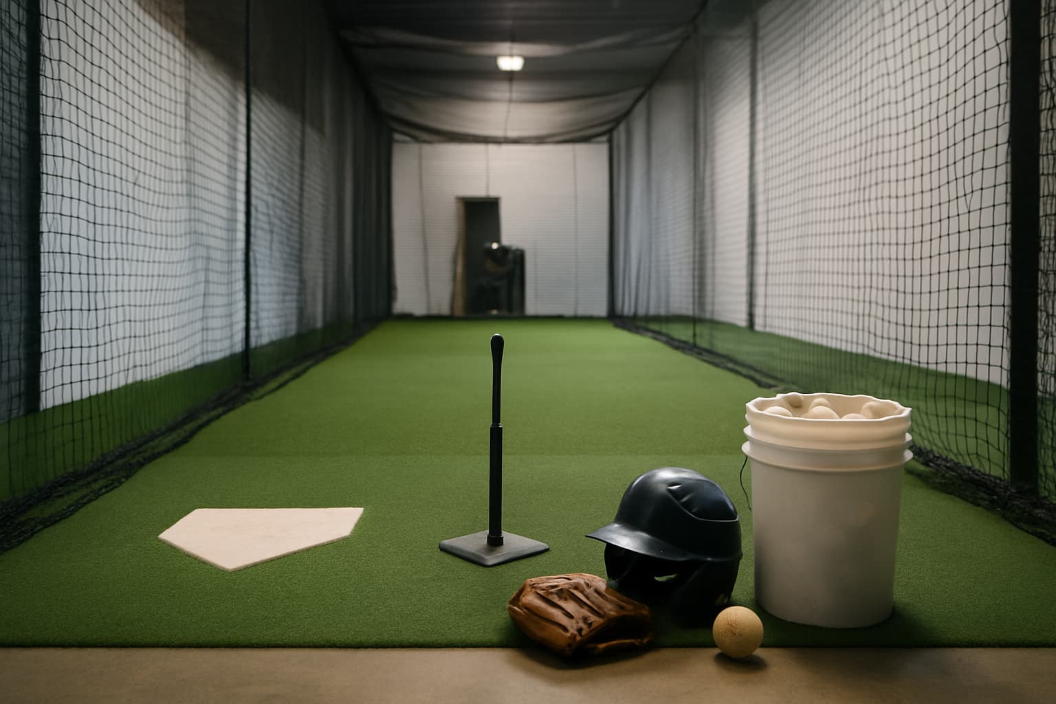 Indoor batting cage with turf, netting, tee, helmet, glove, and bucket of baseballs.