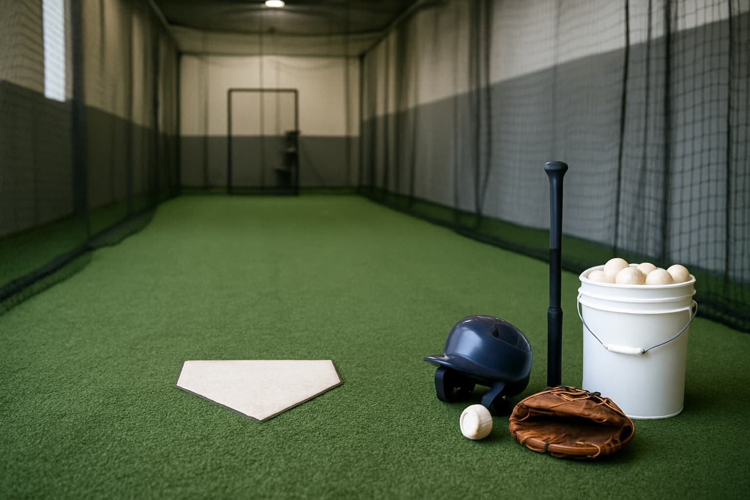 Indoor batting cage with turf, home plate, helmet, glove, bat, and bucket of baseballs.