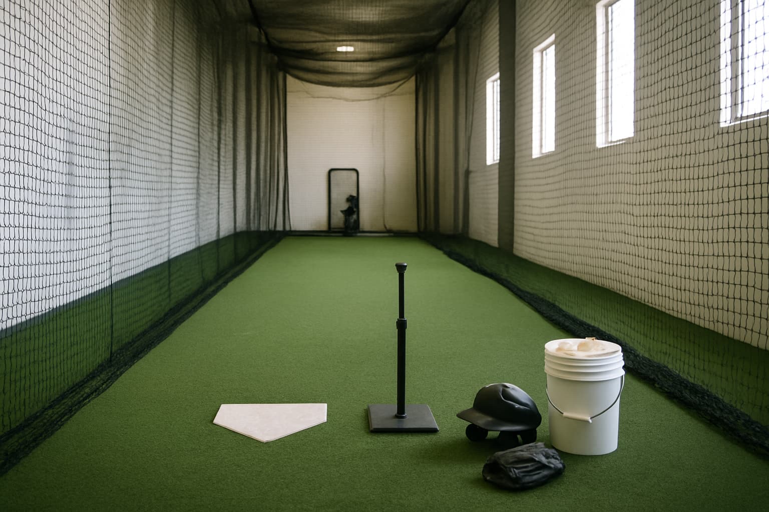 Indoor batting cage with turf, netting, tee, helmet, glove, and bucket of baseballs.
