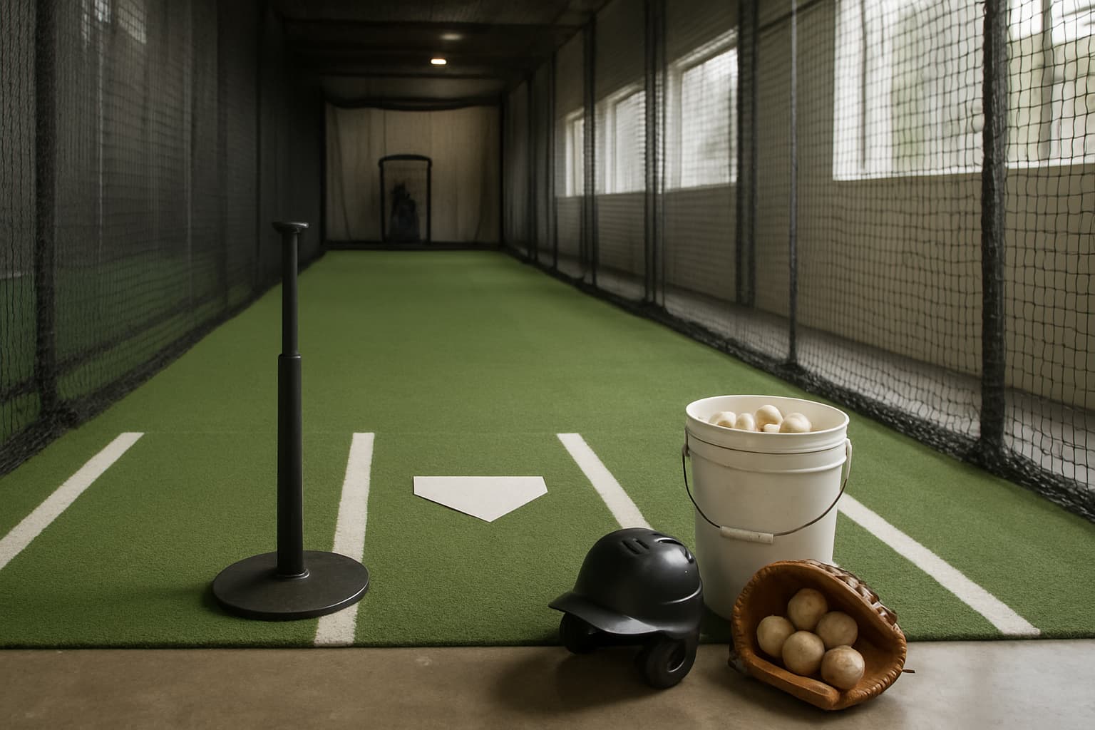 Indoor batting cage with a tee, helmet, and buckets of baseballs arranged safely.