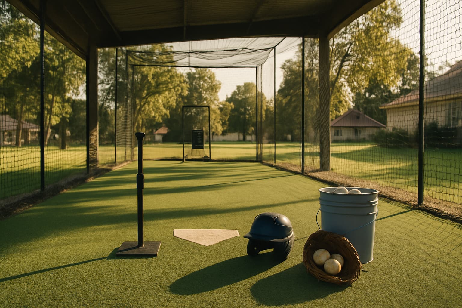 Batting cage with a tee, helmet, and bucket of baseballs in a safe setup.