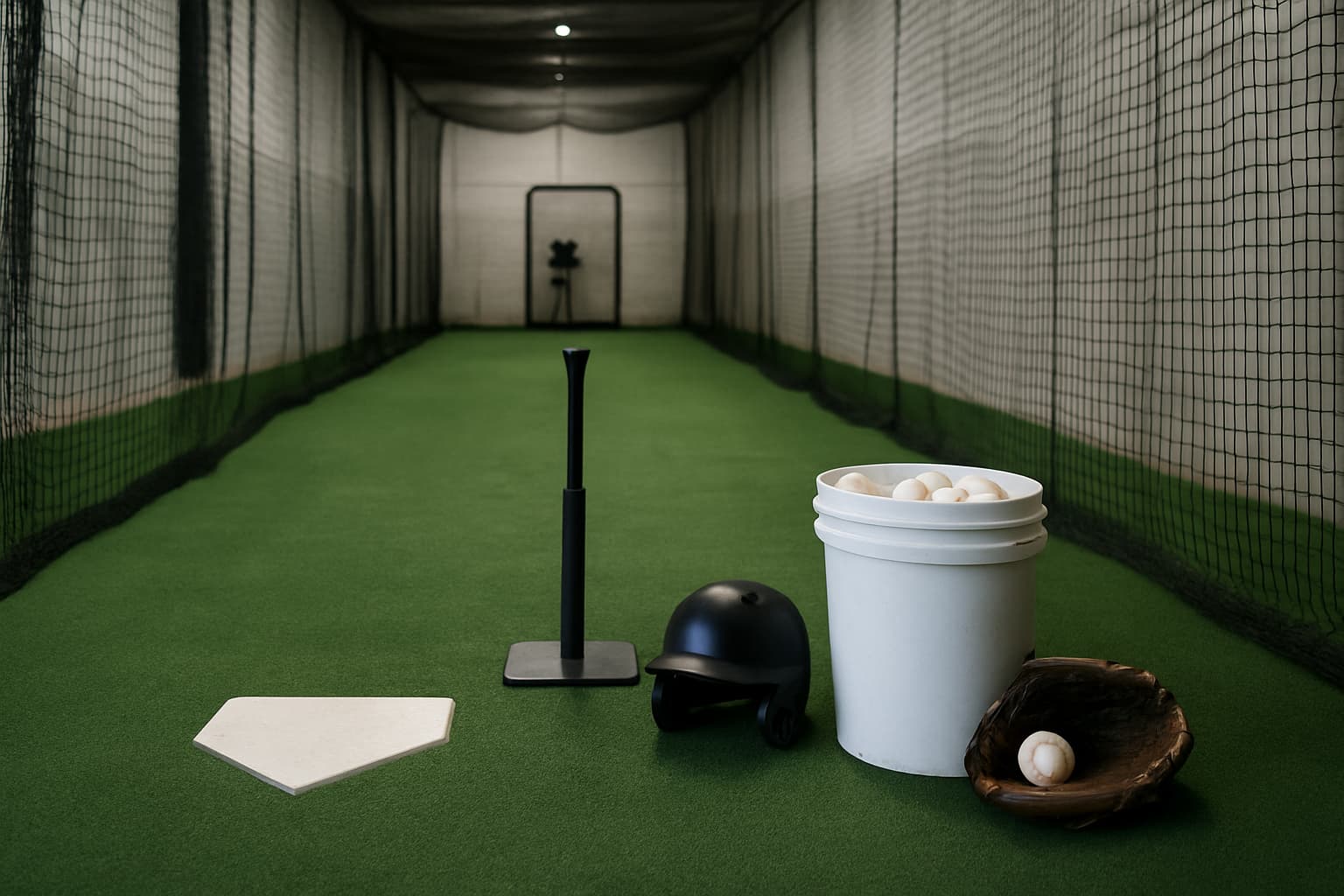 Indoor batting cage with turf, netting, tee, helmet, glove, and bucket of baseballs.