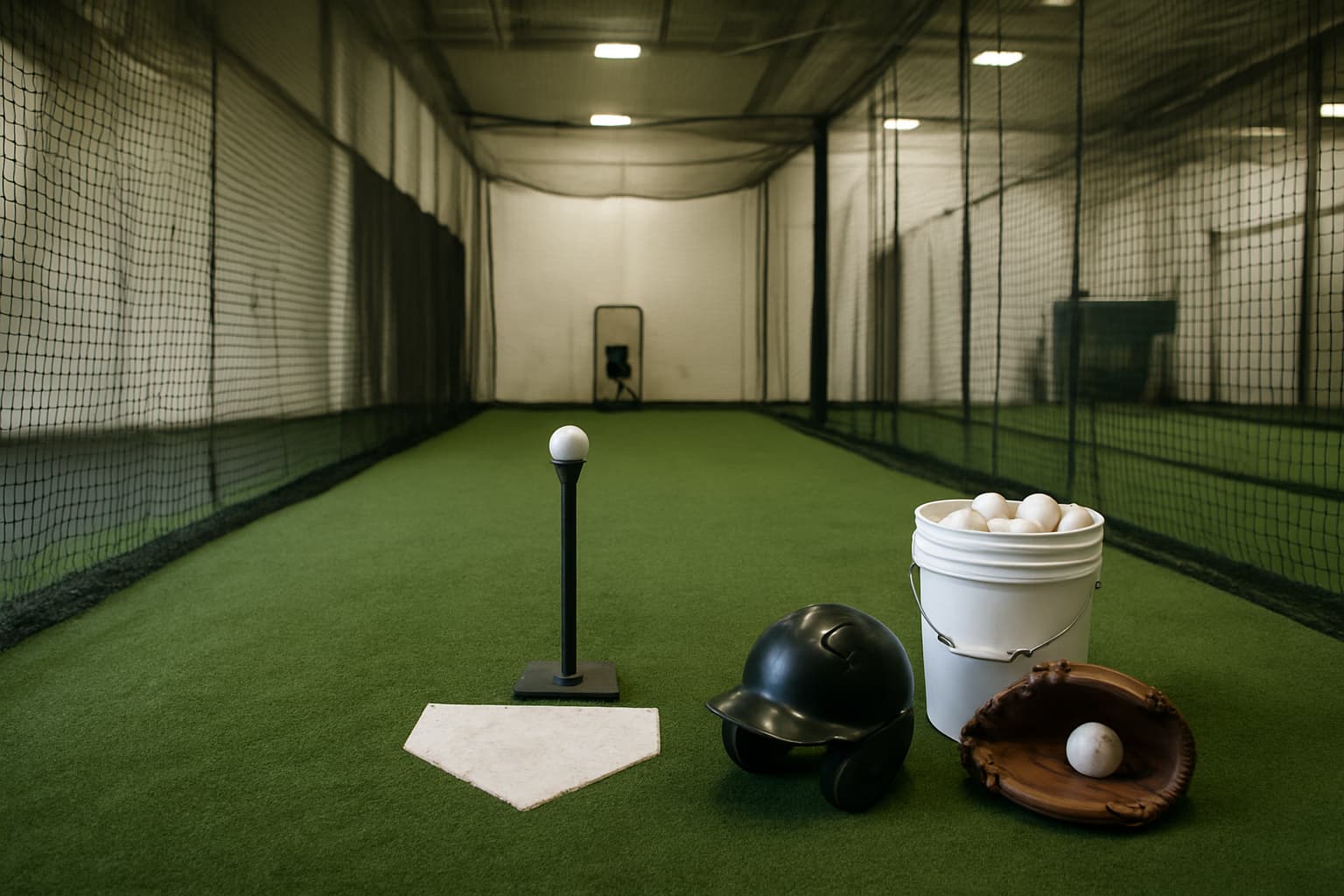 Indoor batting cage with a tee, helmet, glove, and bucket of baseballs arranged safely.