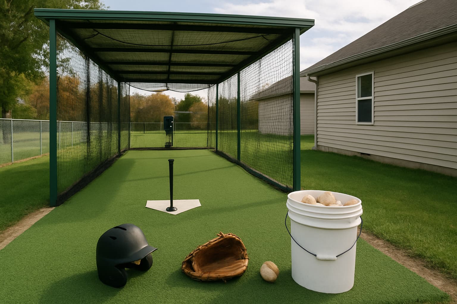 Batting cage with turf, netting, tee, helmet, glove, and bucket of baseballs in a suburban setting.