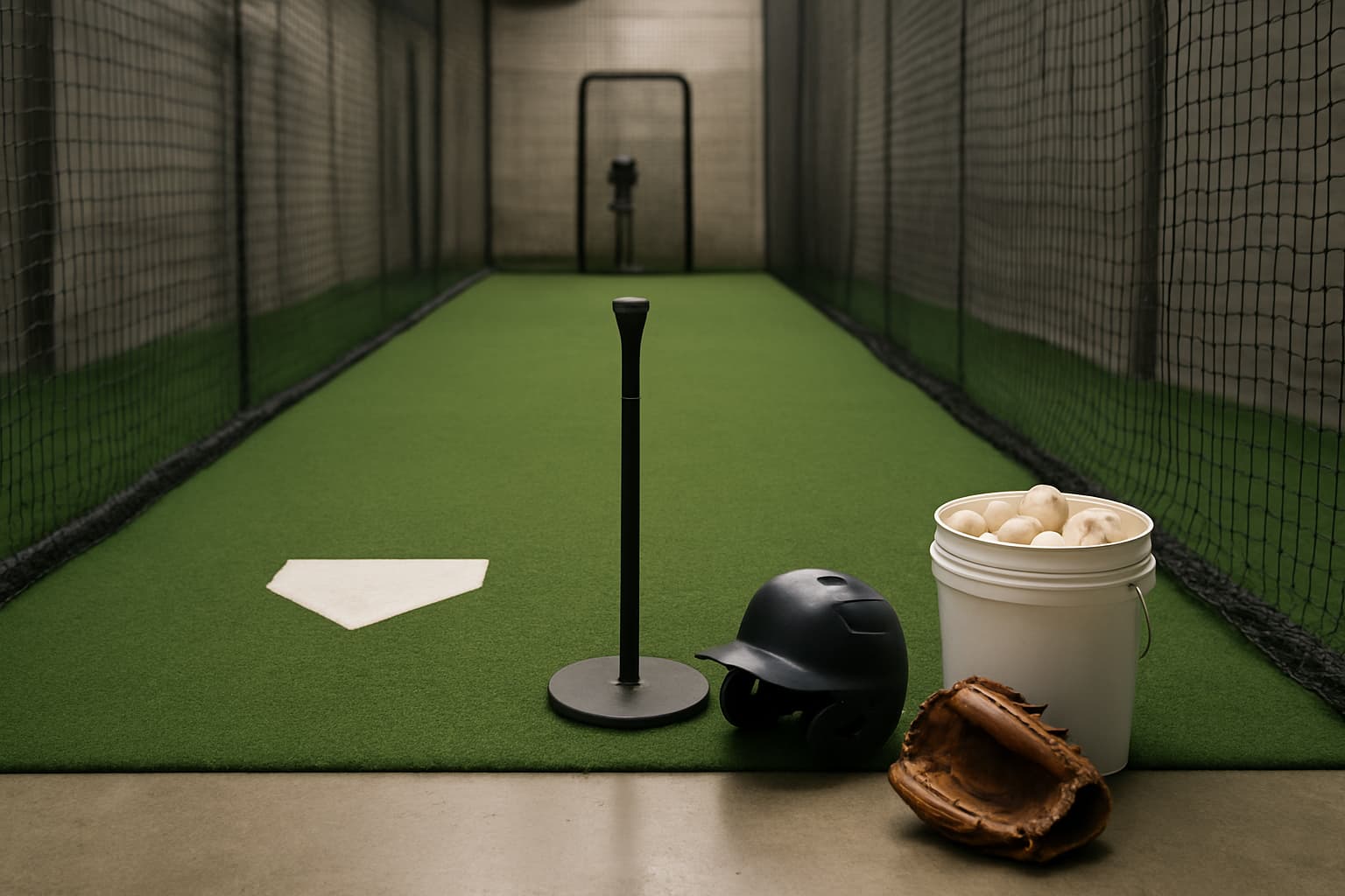 Indoor batting cage with turf, netting, a tee, helmet, glove, and bucket of baseballs.