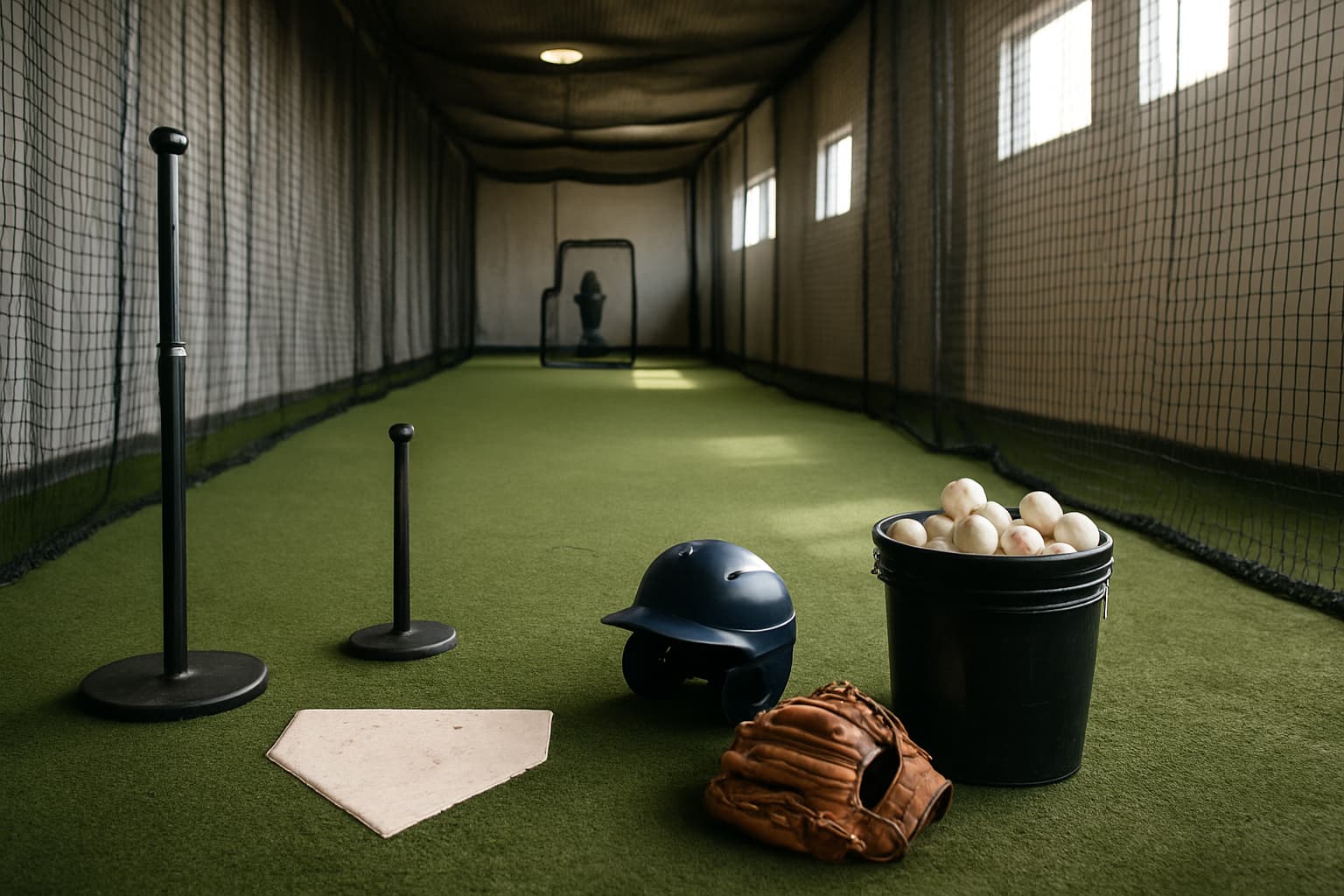 Indoor batting cage with turf, netting, helmet, glove, and bucket of baseballs arranged safely.