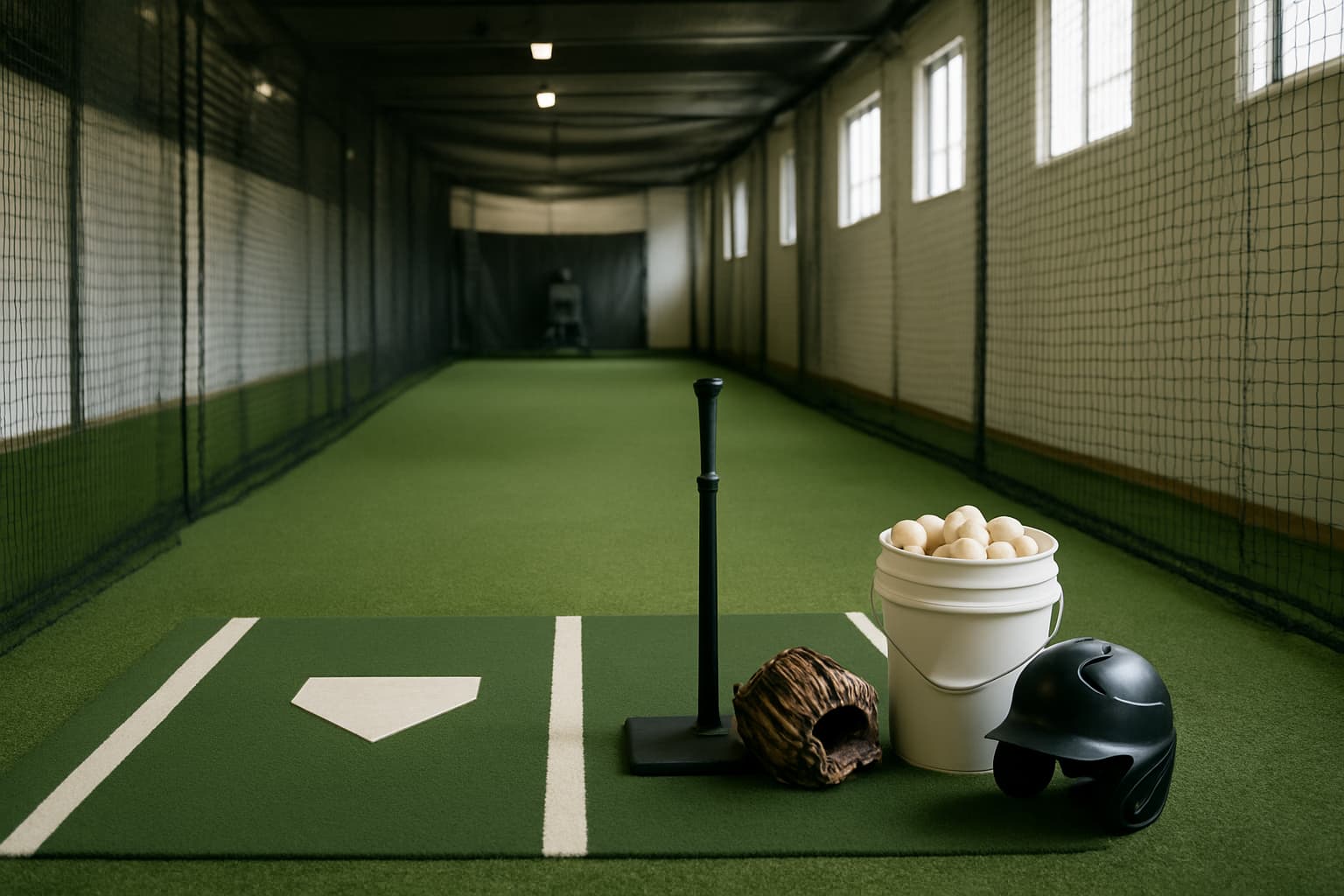 Indoor batting cage with turf, netting, a tee, helmet, and bucket of baseballs.
