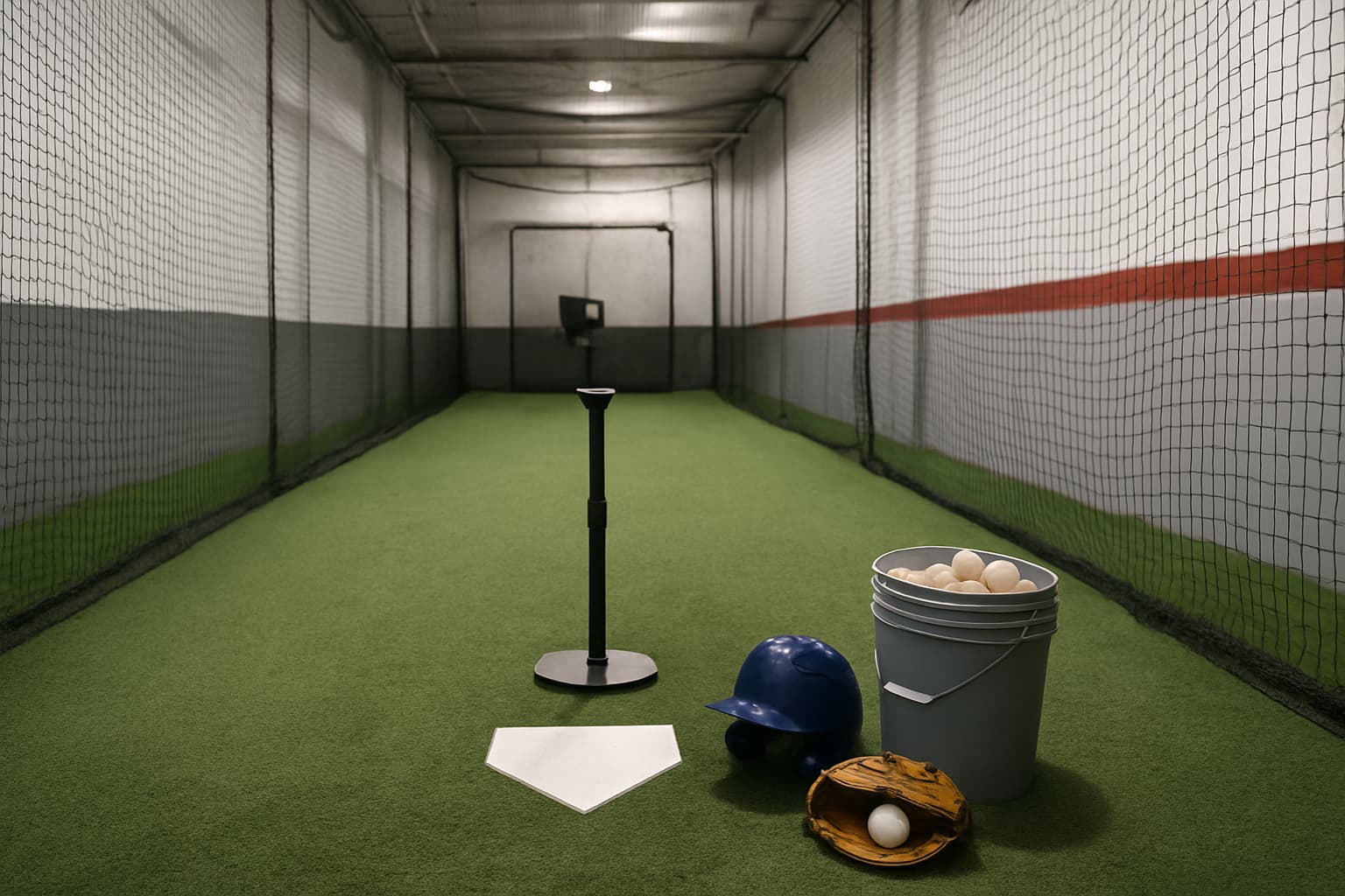 Indoor batting cage with a tee, helmet, glove, and bucket of baseballs arranged safely.