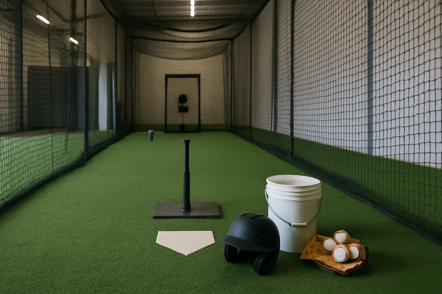 Indoor batting cage with turf, netting, tee, helmet, glove, and bucket of baseballs.