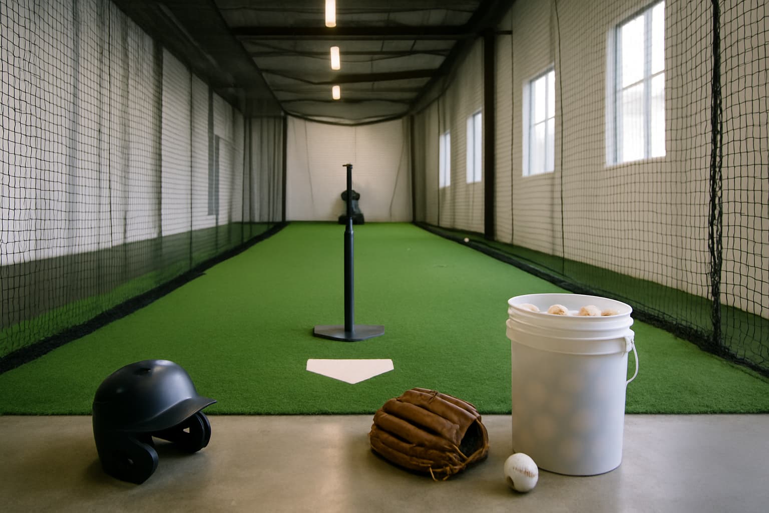 Indoor batting cage with turf, netting, a tee, helmet, glove, and bucket of baseballs.