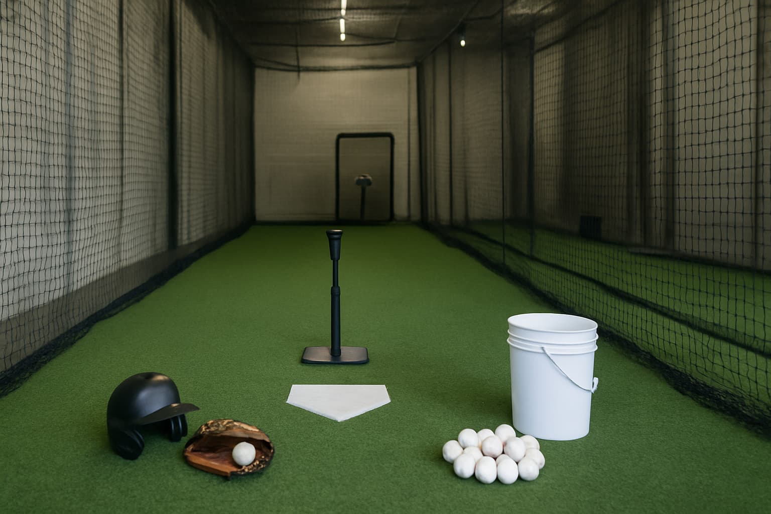 Indoor batting cage with turf, netting, tee, helmet, glove, and bucket of baseballs.