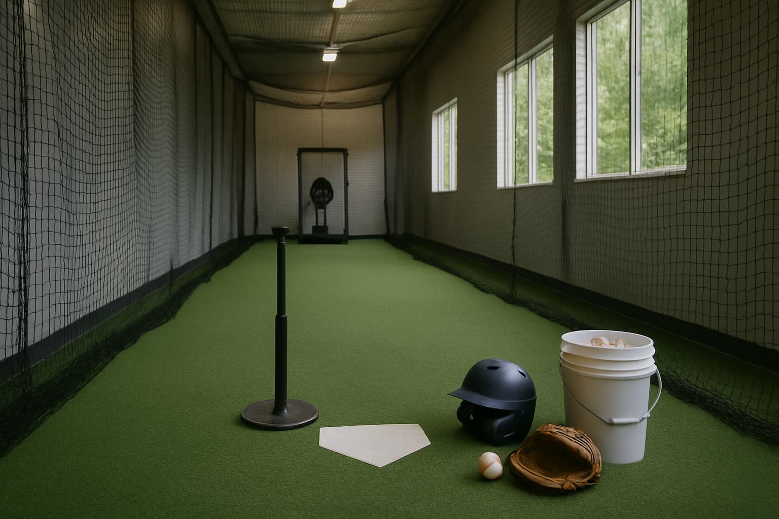 Indoor batting cage with turf, netting, tee, helmet, glove, and bucket of baseballs.