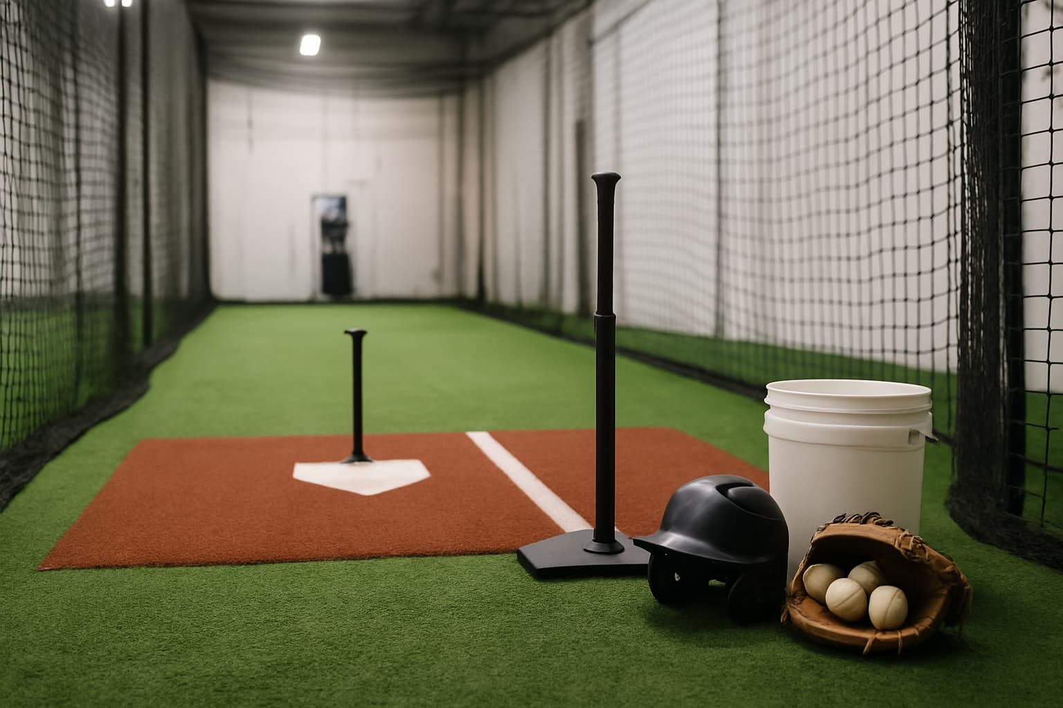 Indoor batting cage with a tee, helmet, glove, and bucket of baseballs arranged safely.