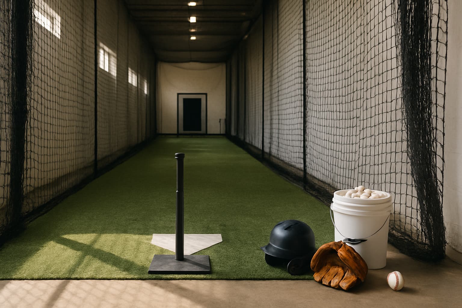Indoor batting cage with turf, netting, tee, helmet, glove, and bucket of baseballs.